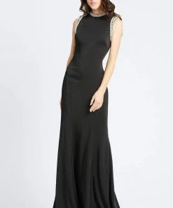 Ieena Duggal - 25933I Pearl Accent Long Black Evening Dress