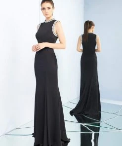 Ieena Duggal - 25933I Pearl Accent Long Black Evening Dress 6 Ieena Duggal - 25933I Pearl Accent Long Black Evening Dress