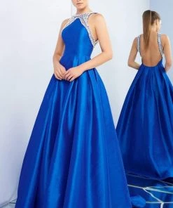 Ieena Duggal - 26014I Pearl Beaded Halter Pleated Ballgown