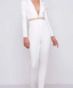 Plus Size Dresses Ieena Duggal - 26071I Long Sleeve Deep V-neck Jumpsuit