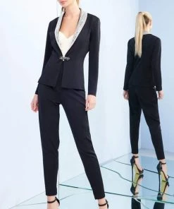 Ieena Duggal - 26086I Beaded Shawl Lapeled Strapless Jumpsuit Formal Gowns