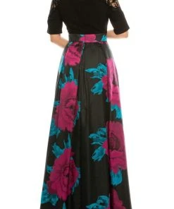 Ignite Evenings - IG3874 Lace Jewel Neck Floral Print A-line Gown Formal Gowns