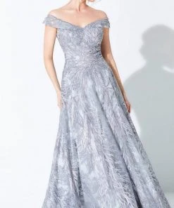 Ivonne D - 220D24 Embroidered Off-Shoulder Evening Gown - 1 Pc Silver Gray In Size 10 Available Formal Gowns
