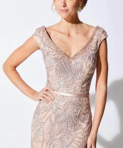 Ivonne D - 221D53 Embroidered V-Neck Evening Dress - 1 Pc Pink Topaz In Size 6 Available