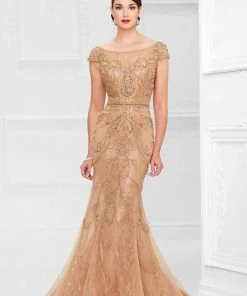 Ivonne D By Mon Cheri - Embellished Cap Sleeved Mermaid Gown 117D66 - 1 Pc Apricot In Size 20 Available Mother Of The Bride