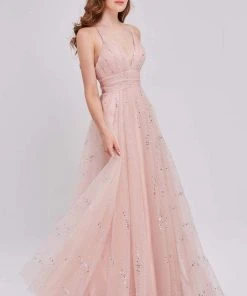 J'Adore Dresses - Glitter Tulle V-Neck A-Line Dress J16052 - 1 Pc Pink In Size 18 Available Formal Gowns