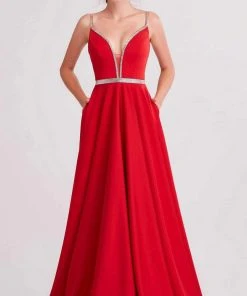 Formal Gowns J'Adore Dresses - J15004 Deep V Neck Satin A-line Gown