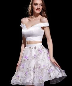 J'Adore Dresses - J12007 Two-Piece Off Shoulder Floral Embroidered Short Dress