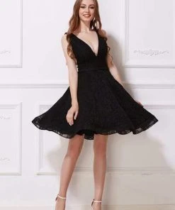 J'Adore Dresses - J12053 Lace Deep V-neck A-line Cocktail Dress Cocktail Dresses