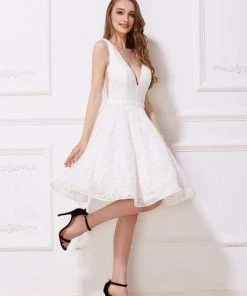 J'Adore Dresses - J12053 Lace Deep V-neck A-line Cocktail Dress Cocktail Dresses