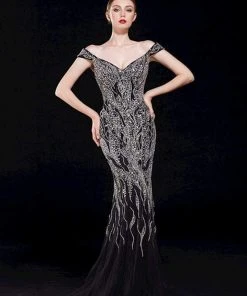 J'Adore Dresses - J12068 Beaded Off-Shoulder Tulle Mermaid Gown