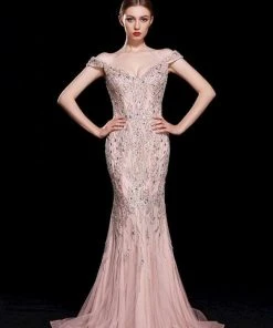 J'Adore Dresses - J12068 Beaded Off-Shoulder Tulle Mermaid Gown
