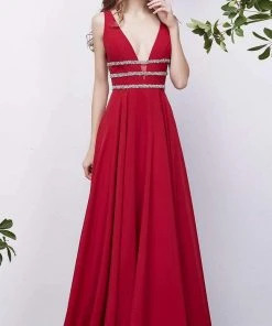 J'Adore Dresses - J13068 Plunging V-Neck Embellished Waist Gown 8 J'Adore Dresses - J13068 Plunging V-Neck Embellished Waist Gown