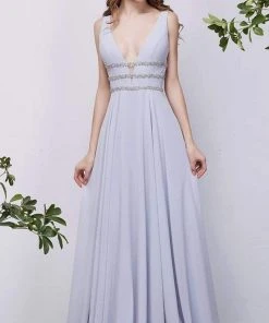 J'Adore Dresses - J13068 Plunging V-Neck Embellished Waist Gown