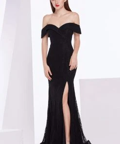 J'Adore Dresses - J14003 Lace Embellished Off-Shoulder Trumpet Dress