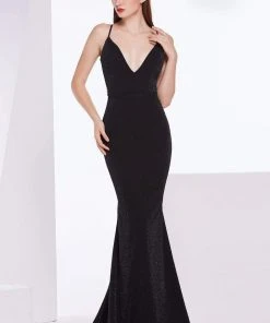 Formal Gowns J'Adore Dresses - J14010 Deep V-neck Sparkle Jersey Trumpet Dress