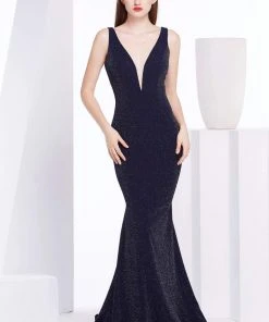 J'Adore Dresses - J14020 Deep V-neck Tulle Mermaid Dress