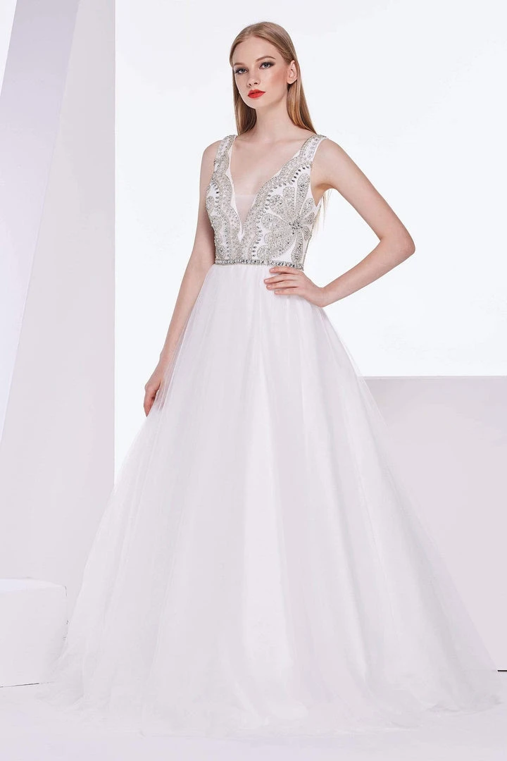 J'Adore Dresses - J14021 Embellished Deep V-neck Tulle Ballgown Formal Gowns 3 J'Adore Dresses - J14021 Embellished Deep V-neck Tulle Ballgown Formal Gowns