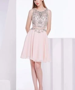 J'Adore Dresses - J14078 Beaded Bateau Chiffon A-line Dress Cocktail Dresses