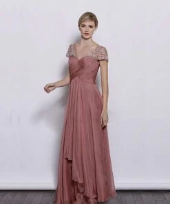 J'Adore Dresses - J3053 Jeweled Short Sleeve Crisscross Long Dress Formal Gowns