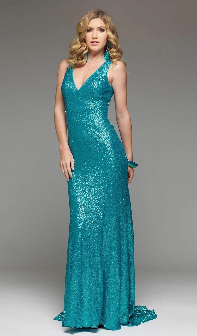 J'Adore Dresses - J4023 Sequined Deep V-neck Trumpet Dress With Train Formal Gowns 3 J'Adore Dresses - J4023 Sequined Deep V-neck Trumpet Dress With Train Formal Gowns