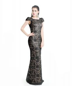 Formal Gowns J'Adore Dresses - J5085B Lace Bateau Trumpet Dress With Train