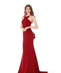 J'Adore Dresses - J6015L Ruffle Accented Cut-In Halter Trumpet Gown