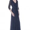 J'Adore Dresses - J7012 Quarter Length Sleeve Ruched V-neck A-line Dress Formal Gowns