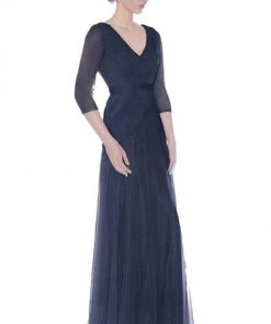 J'Adore Dresses - J7012 Quarter Length Sleeve Ruched V-neck A-line Dress Formal Gowns