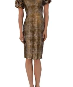 Janique - 1194 Knee Length Puff Sleeve Sheath Dress Cocktail Dresses