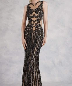 Formal Gowns Janique - 17007 Sparkly Nude Illusion Evening Gown In Black
