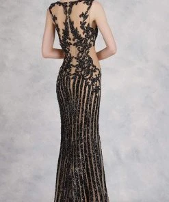 Formal Gowns Janique - 17007 Sparkly Nude Illusion Evening Gown In Black