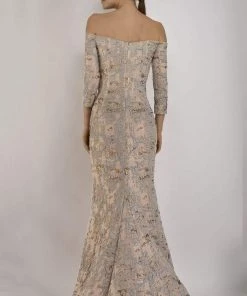 Janique - 67721 Quarter Sleeve Off Shoulder Jacquard Gown