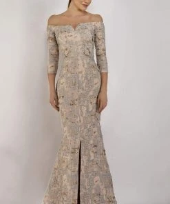 Janique - 67721 Quarter Sleeve Off Shoulder Jacquard Gown