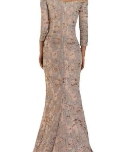 Janique - 67721 Quarter Sleeve Off Shoulder Jacquard Gown