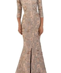 Janique - 67721 Quarter Sleeve Off Shoulder Jacquard Gown