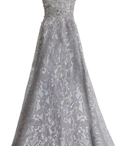 Janique - 85124 Illusion Lace Appliqued Geometric Gown In Grey 8 Janique - 85124 Illusion Lace Appliqued Geometric Gown In Grey