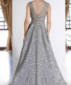 Janique - 85124 Illusion Lace Appliqued Geometric Gown In Grey 7 Janique - 85124 Illusion Lace Appliqued Geometric Gown In Grey