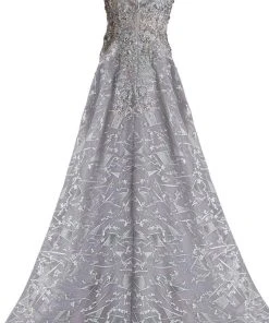 Janique - 85124 Illusion Lace Appliqued Geometric Gown In Grey 9 Janique - 85124 Illusion Lace Appliqued Geometric Gown In Grey