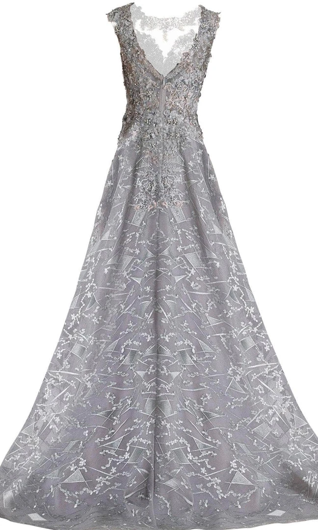 Janique - 85124 Illusion Lace Appliqued Geometric Gown In Grey 6 Janique - 85124 Illusion Lace Appliqued Geometric Gown In Grey