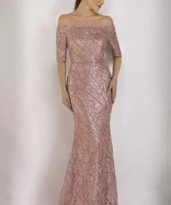 Formal Gowns Janique - Embellished Off-Shoulder Trumpet Dress JA5017 - 1 Pc Rose Gold In Size 10 Available