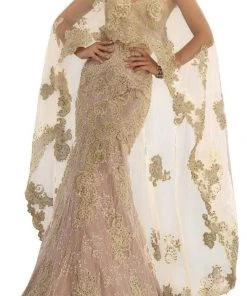 Janique - Embroidered Sweetheart Lace Evening Gown With Sheer High-Low Shawl W1718
