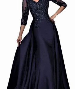 Formal Gowns Janique - Embroidered V-Neck Sleeved Long Mermaid Gown JA3009 16 Formal Gowns Janique - Embroidered V-Neck Sleeved Long Mermaid Gown JA3009