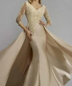 Formal Gowns Janique - Embroidered V-Neck Sleeved Long Mermaid Gown JA3009 20 Formal Gowns Janique - Embroidered V-Neck Sleeved Long Mermaid Gown JA3009