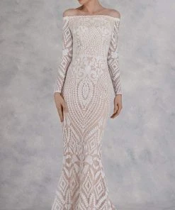 Janique - JA3017 Off-Shoulder Long Sleeves Dress In White/Nude Formal Gowns