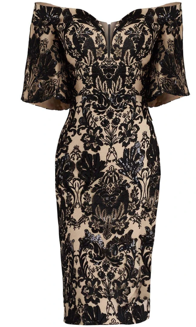 Cocktail Dresses Janique - JA3022 Sequined Lace Plunging Off-Shoulder Sheath Dress 6 Cocktail Dresses Janique - JA3022 Sequined Lace Plunging Off-Shoulder Sheath Dress