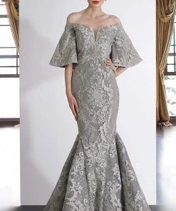 Janique - JA4013 Off-Shoulder Mermaid Evening Dress In Silver