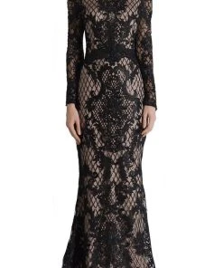 Formal Gowns Janique - JA4017 Off-Shoulder Long Sleeves Lace Dress In Black / Nude 8 Formal Gowns Janique - JA4017 Off-Shoulder Long Sleeves Lace Dress In Black / Nude