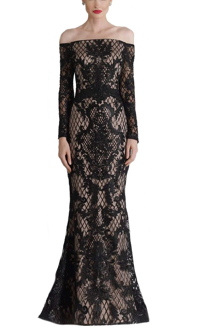 Formal Gowns Janique - JA4017 Off-Shoulder Long Sleeves Lace Dress In Black / Nude 5 Formal Gowns Janique - JA4017 Off-Shoulder Long Sleeves Lace Dress In Black / Nude