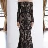 Formal Gowns Janique - JA4017 Off-Shoulder Long Sleeves Lace Dress In Black / Nude 1 Formal Gowns Janique - JA4017 Off-Shoulder Long Sleeves Lace Dress In Black / Nude